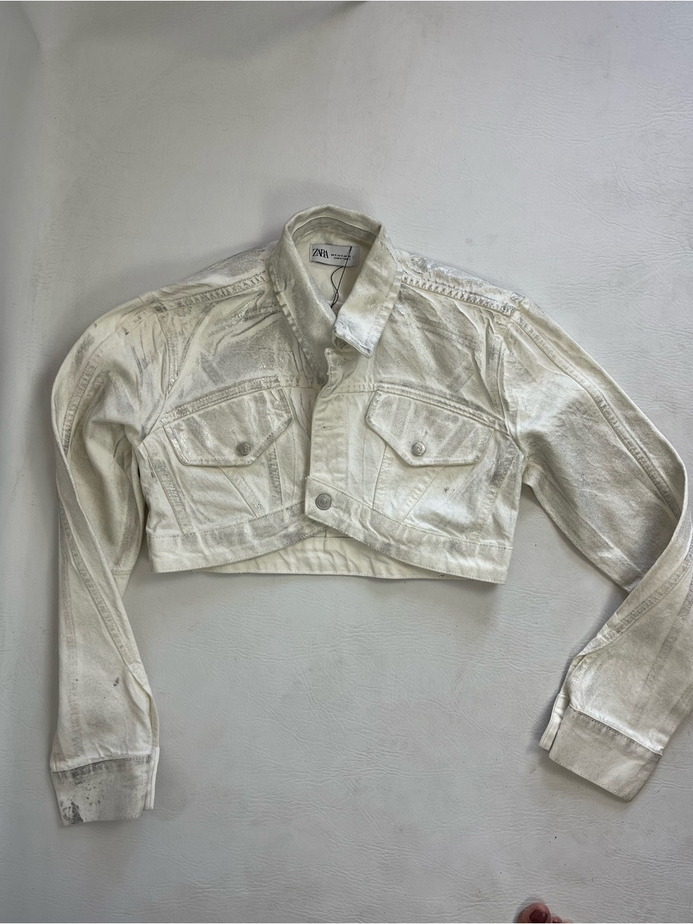 Zara Metallic Silver High-Low Cropped Denim Jacket NWT Size S - Picture 3 of 10